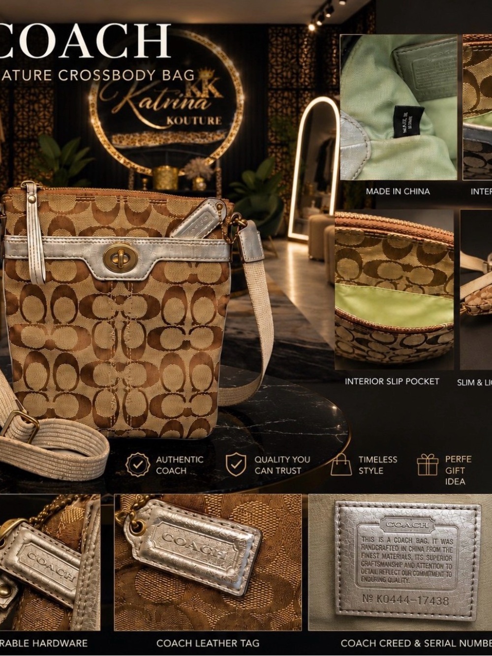 Coach Signature Canvas Crossbody in Tan and Silver